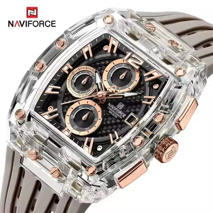 NAVIFORCE 7105 Hot Sell New Arrive Design Transparent Tonneau Watch Men  Quartz Man Watch Waterproof Luxury Sport Out Door Clock