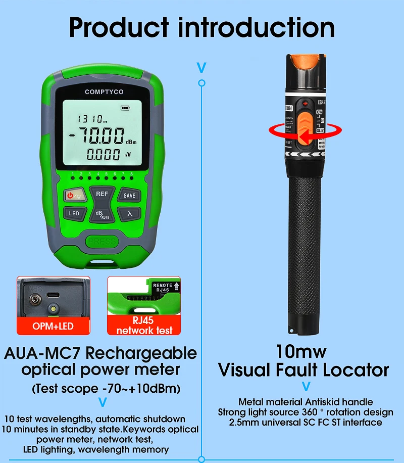 COMPTYCO AUA-MC70 rechargeable Optical power meter red light source all-in-one machine 15mw - 70+~10dbm optical fiber tool kit details