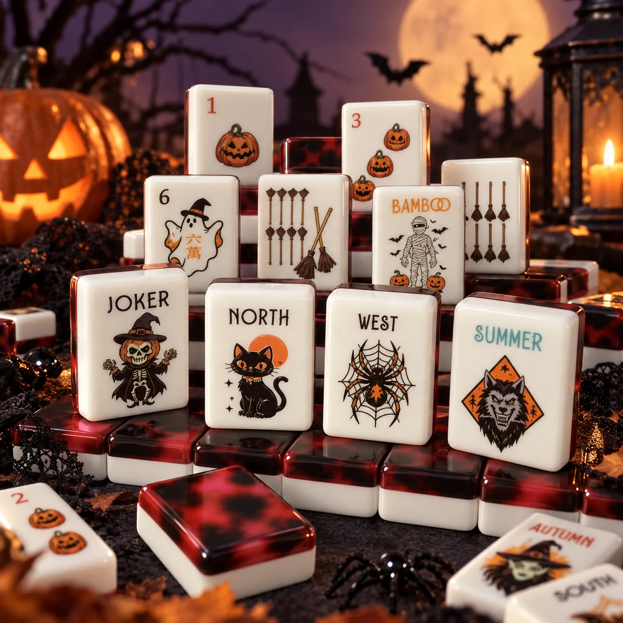 Halloween Theme Luxury American Mah-Jongg Set Tiles Pumpkin Witch Black Cat Print Joker Family Holiday Table Leisure Game