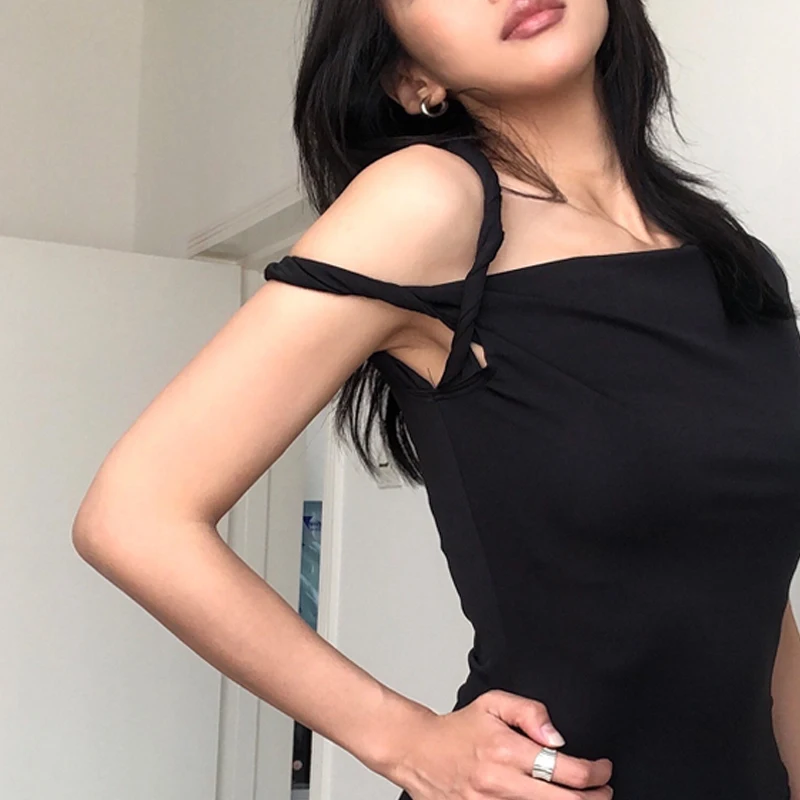 OEM  Factory Solid Color Mini Dress Women Classic Single Sleeve Woven Strap Body-shaping Vestidos Female 2024 New Basic Dress
