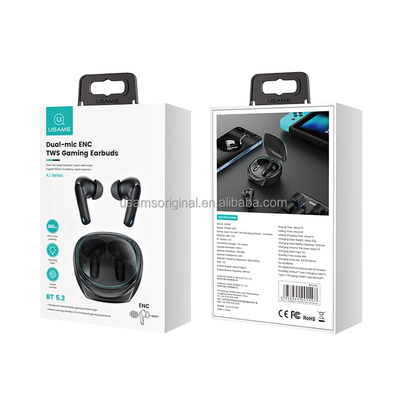 USAMS XJ13 Noise Cancellation Transparent Shell TWS ENC Wireless Earphones Gaming Earbuds for Mobile Games