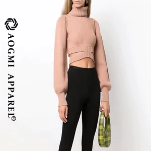 AOGMI Haute Couture Fashion Women's Casual High-Necked Wool Knit Lace-Up Wear-Resistant Belly Button Warm Sweater