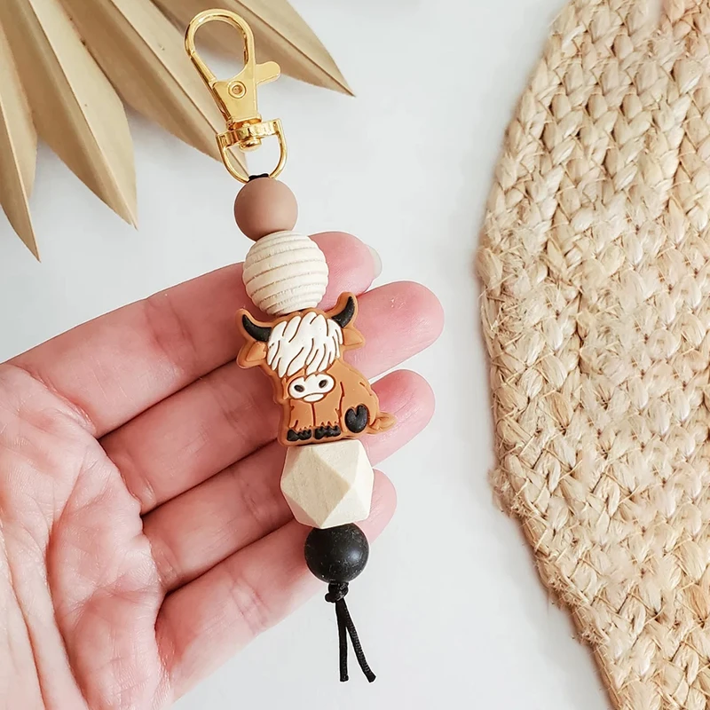 cute highland cow silicone beads keychain