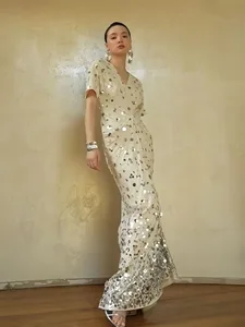 Bettergirl Spring 2026 New High Quality Beaded Sequin Embroidery V-neck Long Dress Short Sleeve Cotton Elegant Formal Dress
