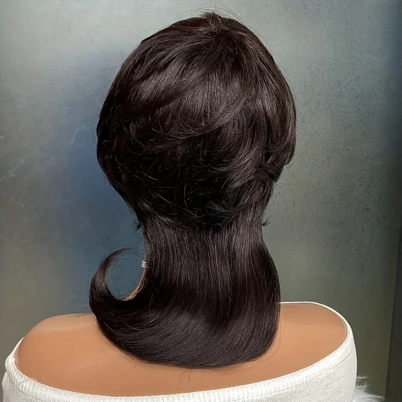 Κοντή περούκα Pixie Cut Mullet με αφέλειες, ίσια, μηχανοποίητη, ανθρώπινη τρίχα για γυναίκες_voghion.com