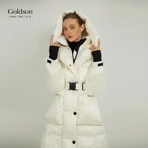 Fashion Fit Windproof Sleeve Front Pocket Hooded With Belt White Duck Down Jacket for Winter