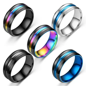 Fashion Design Silver Black Blue Groove Jewelry Women stainless steel ring men rings For Party Gift