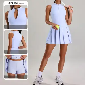 Zipper Nude Two-piece Sports Dress, Women's Anti Glare Tennis Suit, Outdoor Running Fitness Tennis Dress