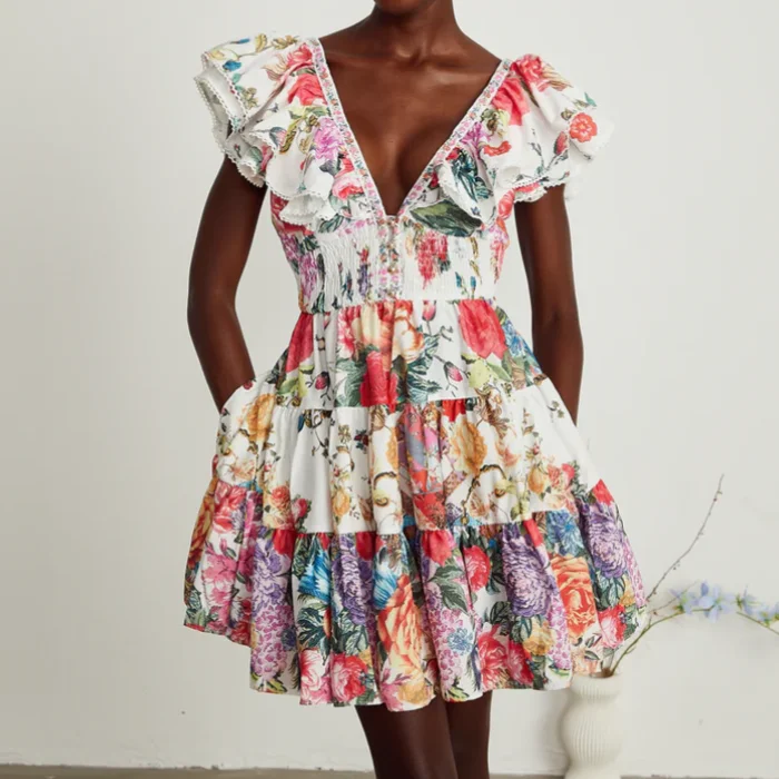 High Quality Mini Satin Silk Women's Dress Latest Open Breast Flora Printed Design Natural Waistline Woven Digital Printing