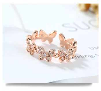 Fashion 18K Real Gold Plated Copper Open Adjusted Ring Fashion Jewelry Butterfly Ring CZ Zircon Rings Women
