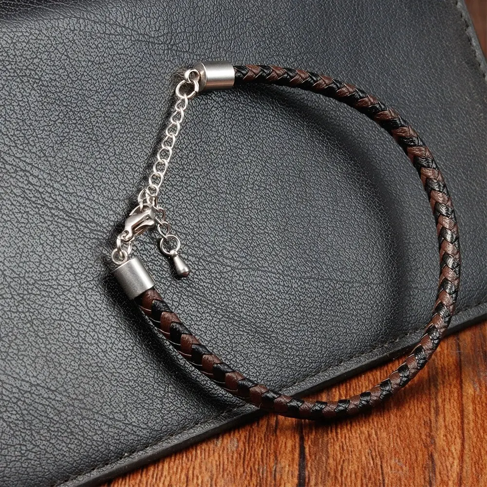 Simple Design Black Brown Braided Genuine Leather Bracelet Fashion  Stainless Steel Extension Chain Bangle Mens Jewelry