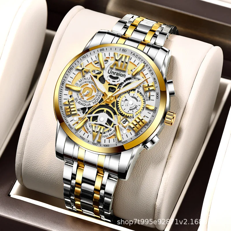 Men Business Luminous Automatic Quartz Watch Waterproof Calendar Multifunctional Stainless Steel Strap Quartz Clock Watch