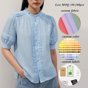 Summer New Design Solid Color Short Sleeve Women Blouse Custom Pleated Ladies Plain Cotton Blouses Shirts