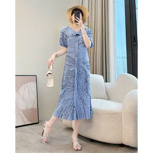 Miyake Artistic Ethnic Style Pleated Printed Dress Loose Slimming Straight Long Floor-Length Age-Reducing Large Size for Mother