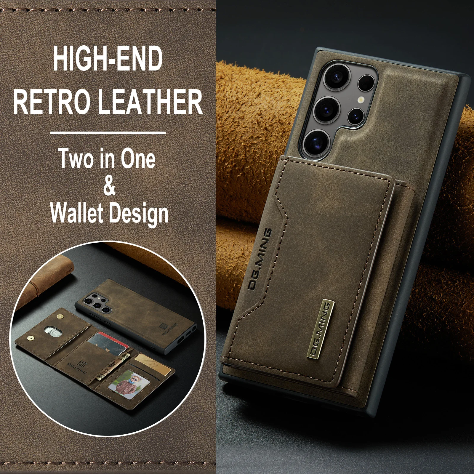 M2 2-in-1 Magnetic Card Holder and Protective PU Leather Case for Samsung S24/S23 Ultra Split Phone Case