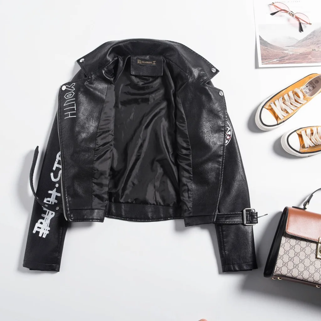 2021 Short Hip Hop Graffiti Fall Zipper Eye Dare You Faux Leather Womens Jackets