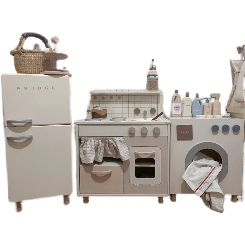 New Customize 3 Piece Set Educational Toy Pretend Play Wooden Children Kitchen Toy Set Refrigerator Washing Machine Toys Set