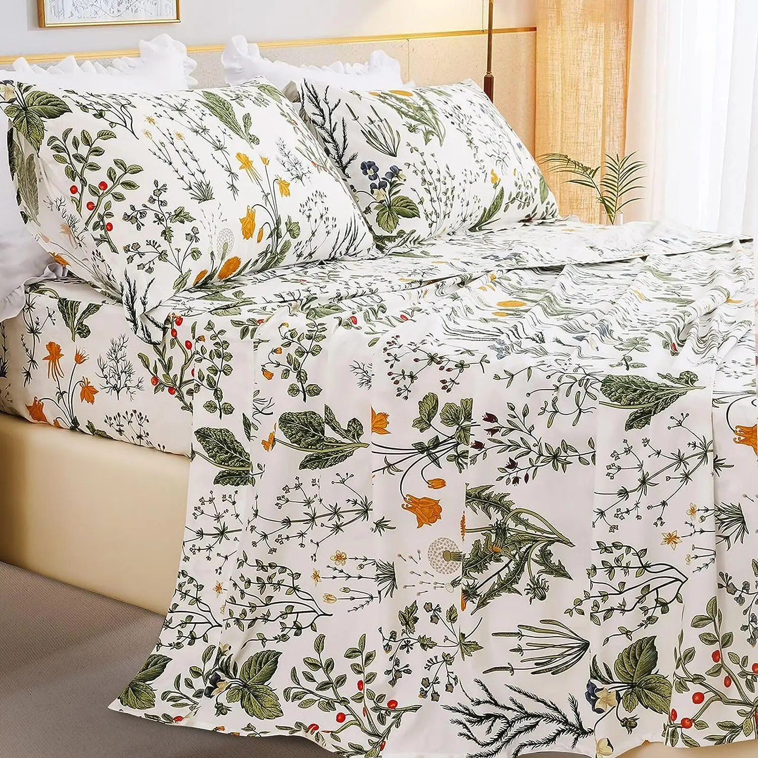 100% Cotton yellow Flowers & Sage Leave Plant Pattern Botanical Luxury Cotton Printed Flower King 4pcs Bedding Sheets supplier