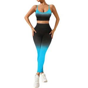 Women's Yoga Two Piece Set Seamless Gradient Camisole Backless Cross Sports Bra and High Waist Tight Pants