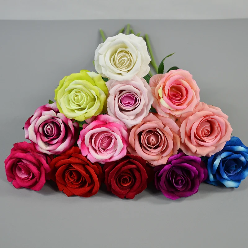 Hot Selling Real Touch Artificial Flower Single Stem Velvet Rose Flower