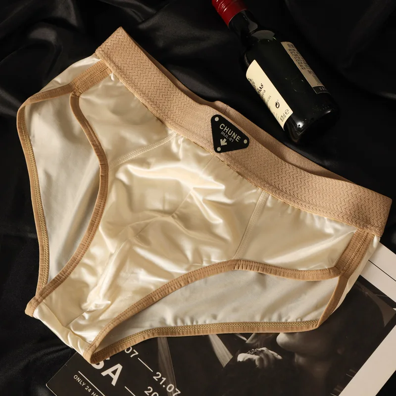 Men's Triangular Underwear New Ice Silk Design Single Color Mid-rise Large Size XXL Good Breathability Logo on Waist
