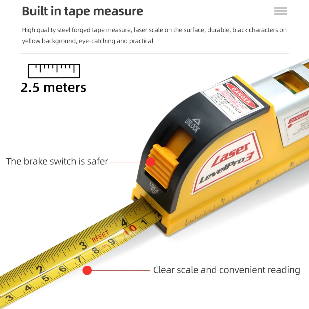 Multi Purpose Measuring Tape Tool 8FT Aligner Standard and Metric Ruler 3 in 1 Digital Infrared Line Laser Levels