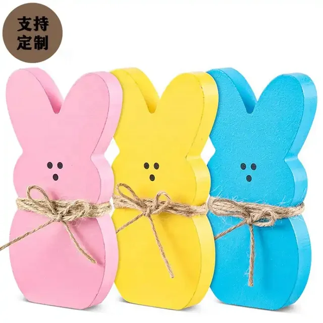 Colorful Wooden Rabbit Crafts with Twine Easter Decorations for Party Banquet Tray Table Ornament Comes in a Set Packaging