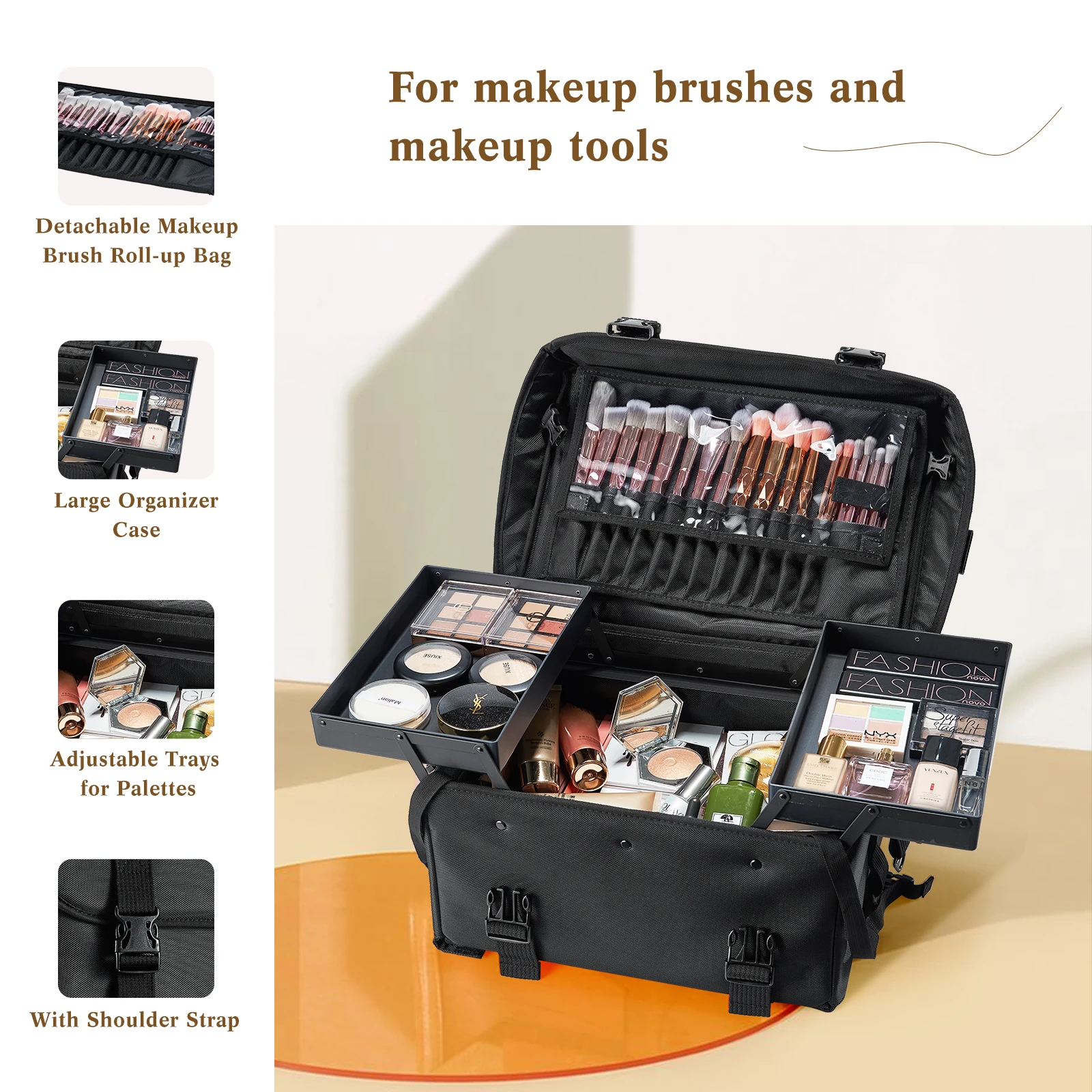 Rolling Makeup Case Trolley 2 in 1 Travel Cosmetic Train Cases on Wheels - Nylon Black Bags for Professional Make up Artist