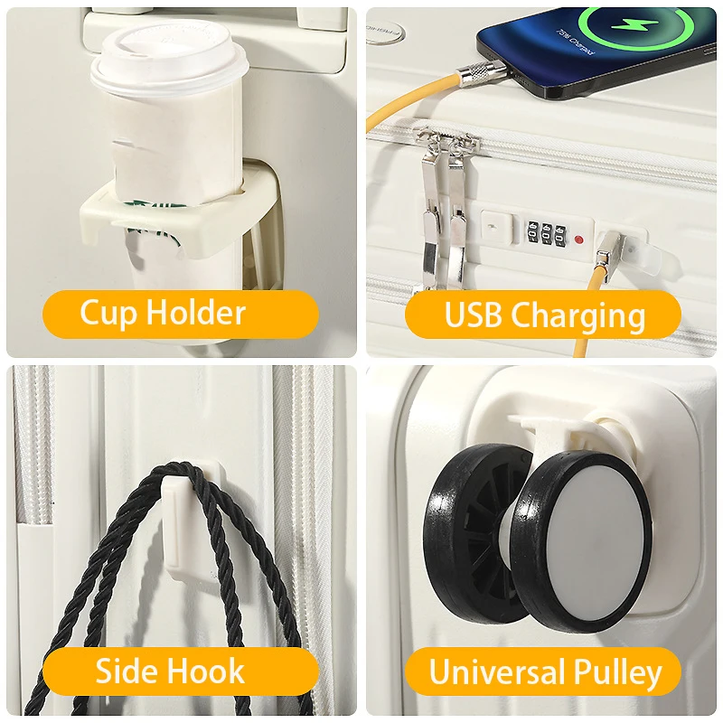 Multifunctional Travel Suitcase with Front Open USB Charging Cup Holders and Side Hook Boarding Luggage