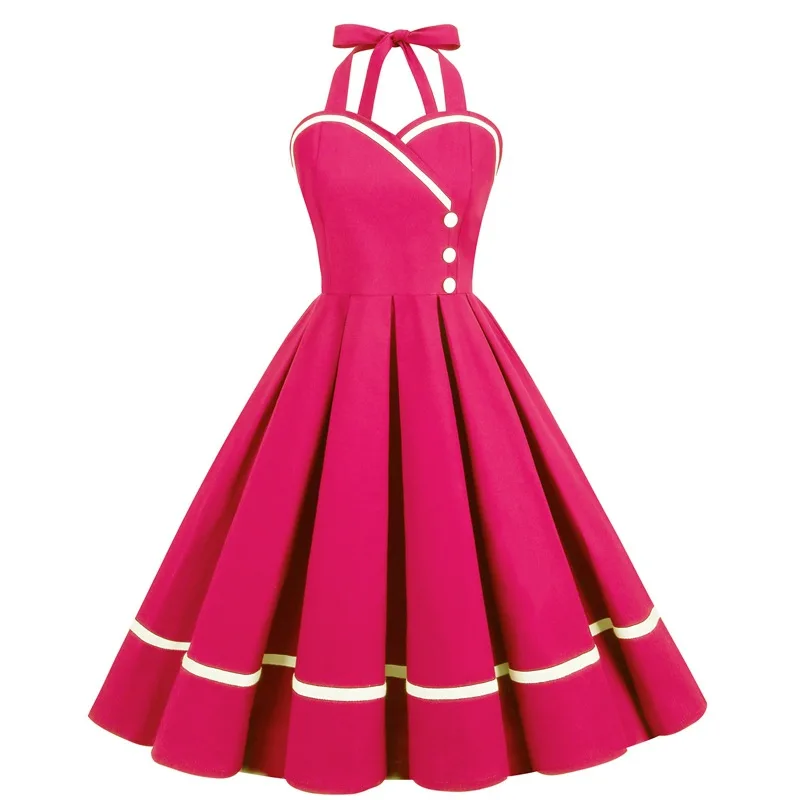Vintage Cotton Halter Rockabilly Dress | 50s 60s Retro Solid Color Pin Up Party Dress for Women Vintage Cotton Halter Rockabilly Dress | 50s 60s Retro Solid Color Pin Up Party Dress for Women