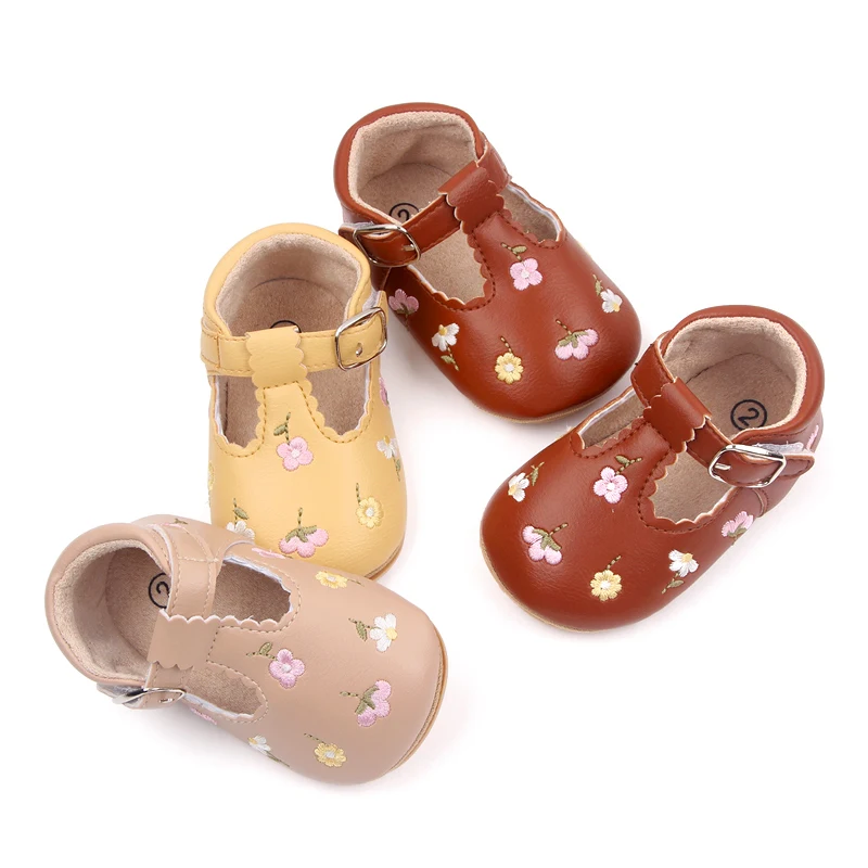 Baby Shies Factory Beautiful Flower Embroidery Soft PU Leather Spring Autumn Baby Toddler Girl Shoes