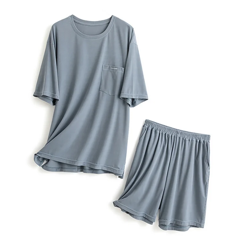 Silk XXL Mens Sleepwear Knitted 114cm Chest Blue Night Suit Loungewear Summer
