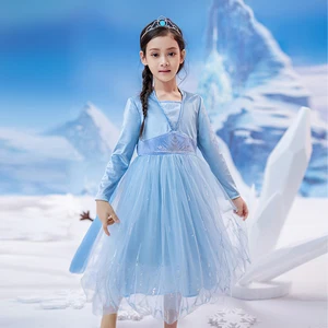 OEM Ice Pattern Sequin Fabric Long-Sleeve Design Disney Elsa Girls Christmas Princess Dress for Winter Celebrations