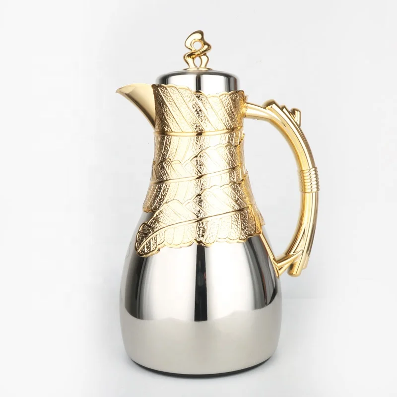 New Arrival Top Level Leaves Design 1.0 Litre Silver Gold Coating Metal Body Glass Insulation Vacuum Flasks Dallah