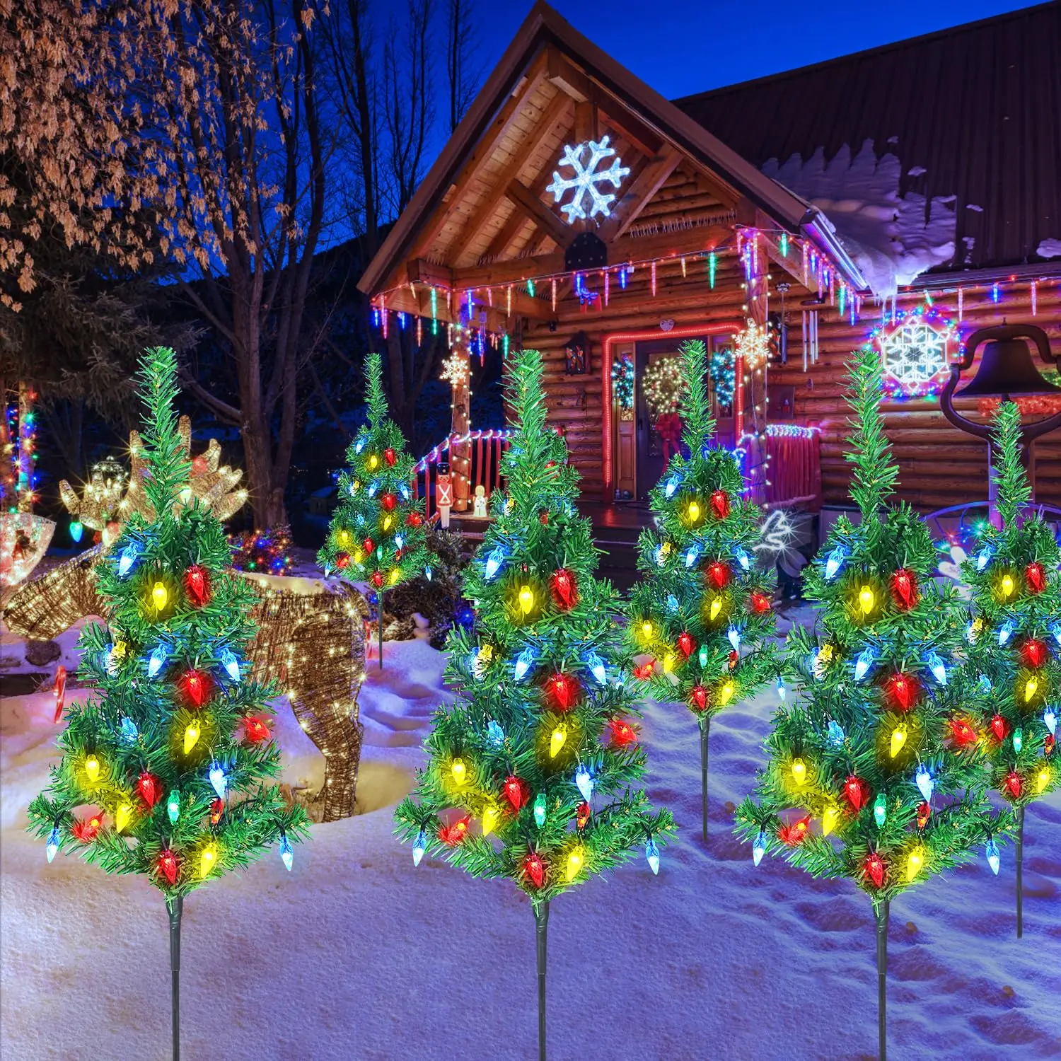 Outdoor Christmas Decorations 4 Sets Solar Christmas Tree C6 Led Lights Waterproof Pathway 