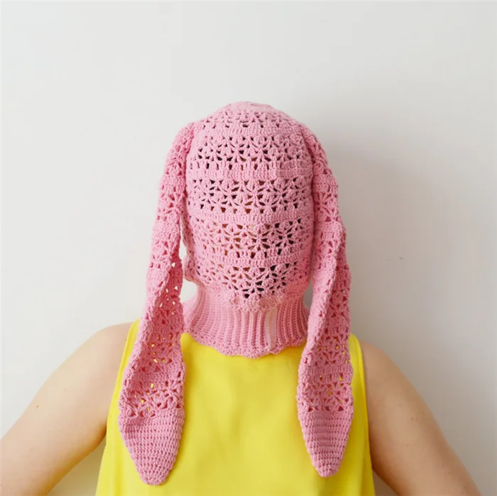 Bunny balaclava ski mask aesthetic pink women Custom cute beanie hat with  ears