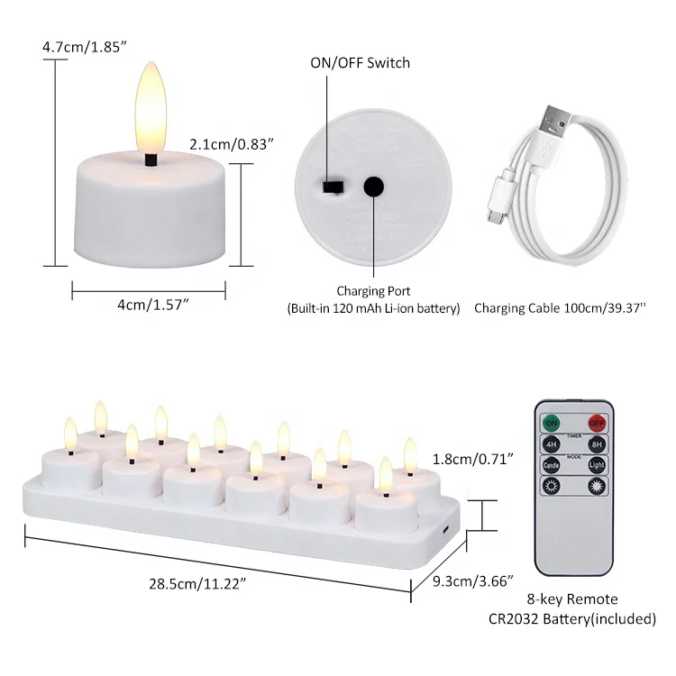 Set of 12 Custom LED Votive Plastic Timer USB Rechargeable LED Tea Light Electric Candle with Remote Control