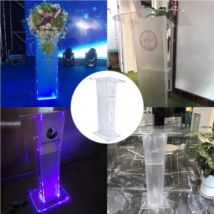 Multiple LED Colors Acrylic Podium Stand Clear Detachable Acrylic Lectern Pulpits for Easy Assembly