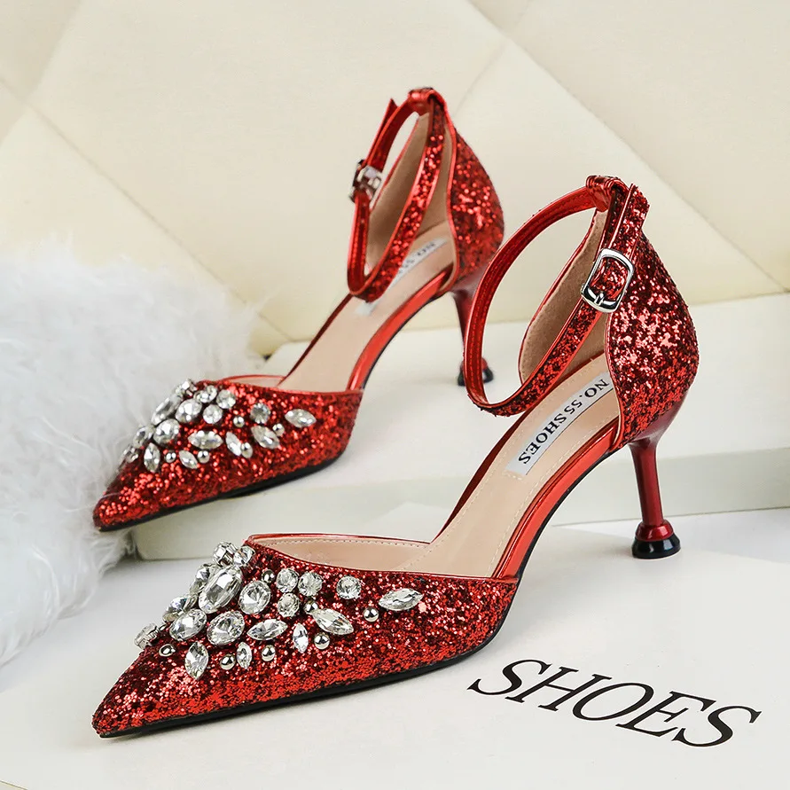 2021 новые туфли на высоком тонком каблуке, со стразами; Обувь Золушки; Туфли; Женские туфли-лодочки; Женские туфли на плоской подошве с острым носком и с украшением в виде кристаллов; Обувь для вечеринки, свадебные туфли 6,5 см каблуке