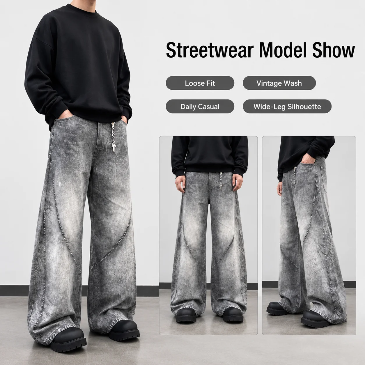 Men's Vintage French Cotton Plus Size Zipper Loose Washed Men's Denim Trousers for Autmn