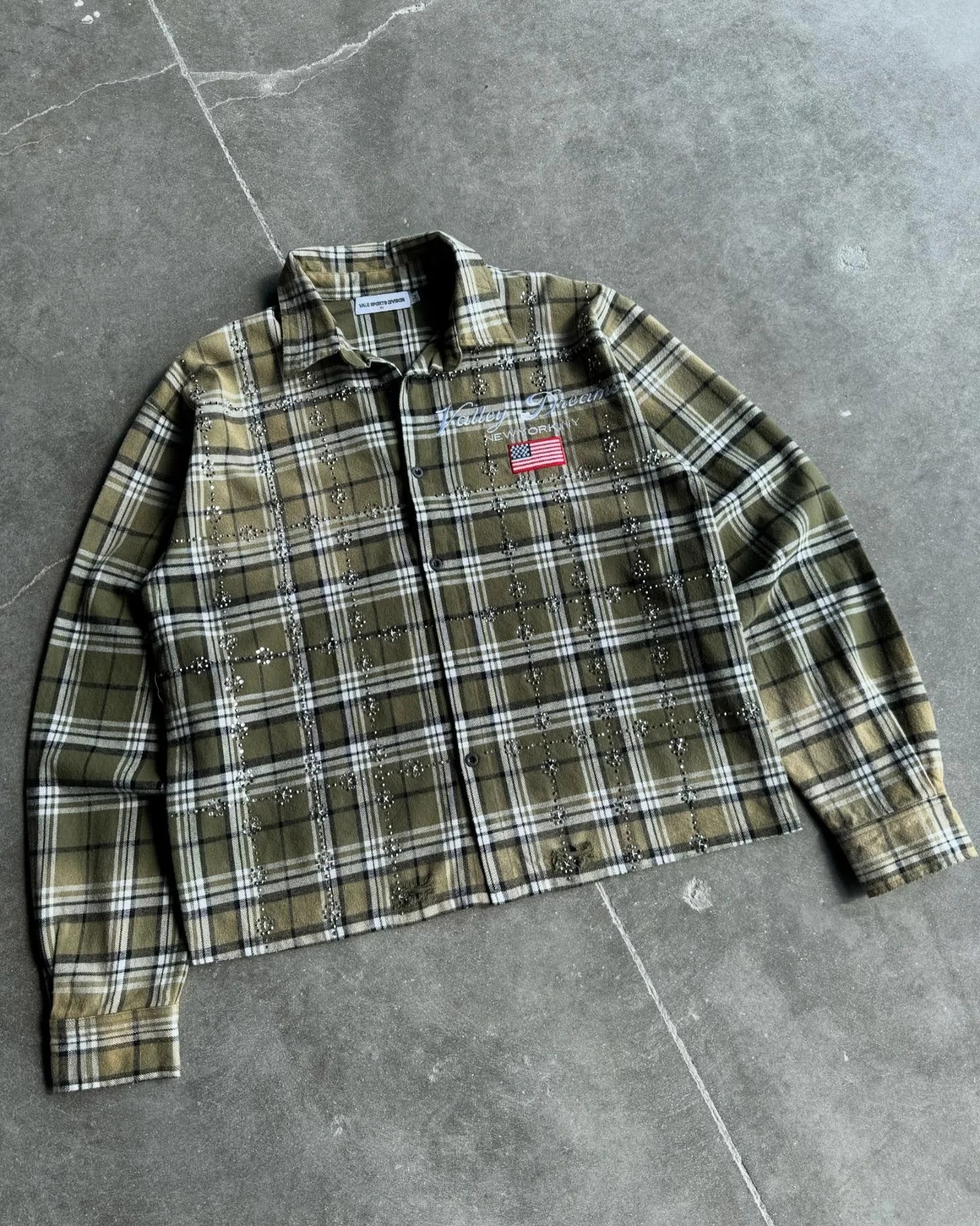 Salati Custom Crystal Oversized Long Sleeve Plaid Sun Faded T Shirts Rhinestone Button up T-shirt Acid Wash Men's Flannel Shirts gallery 2