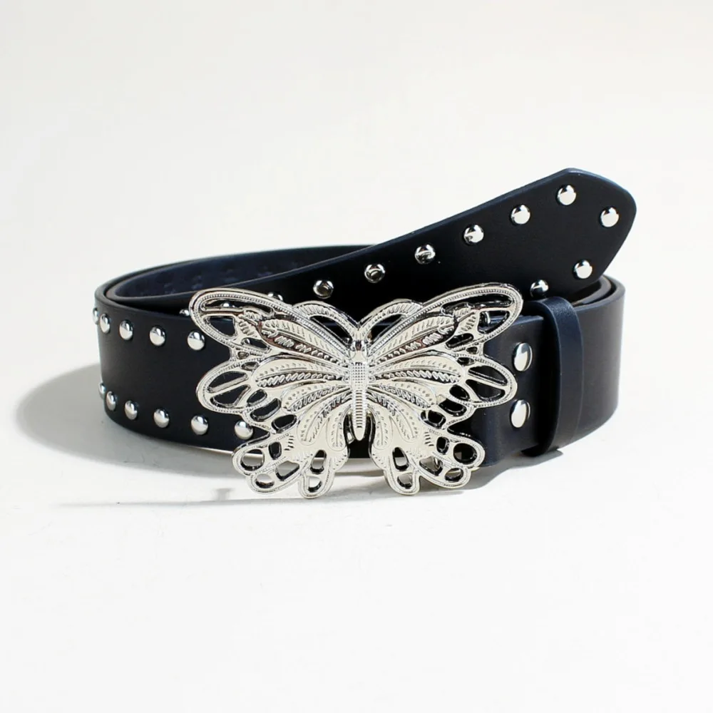 Vintage Y2K Butterfly Studded Belt – Black Floral Embossed Faux Leather Y2K Belt Fairy Grunge Butterfly Buckle Grommet Waist Belt  main image 2