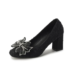 Women's Comfortable Summer Fashion Black Textured Fabric Square Toe Block Heel Slip-On Pumps Rhinestone Bow Accent for Party