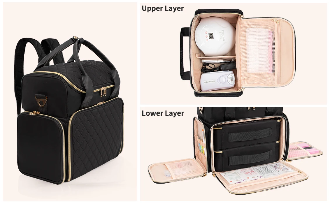 Relavel Double Layer Nail Bag Backpack Nail Organizer Polish Storage Bag Nail Tech Bag With