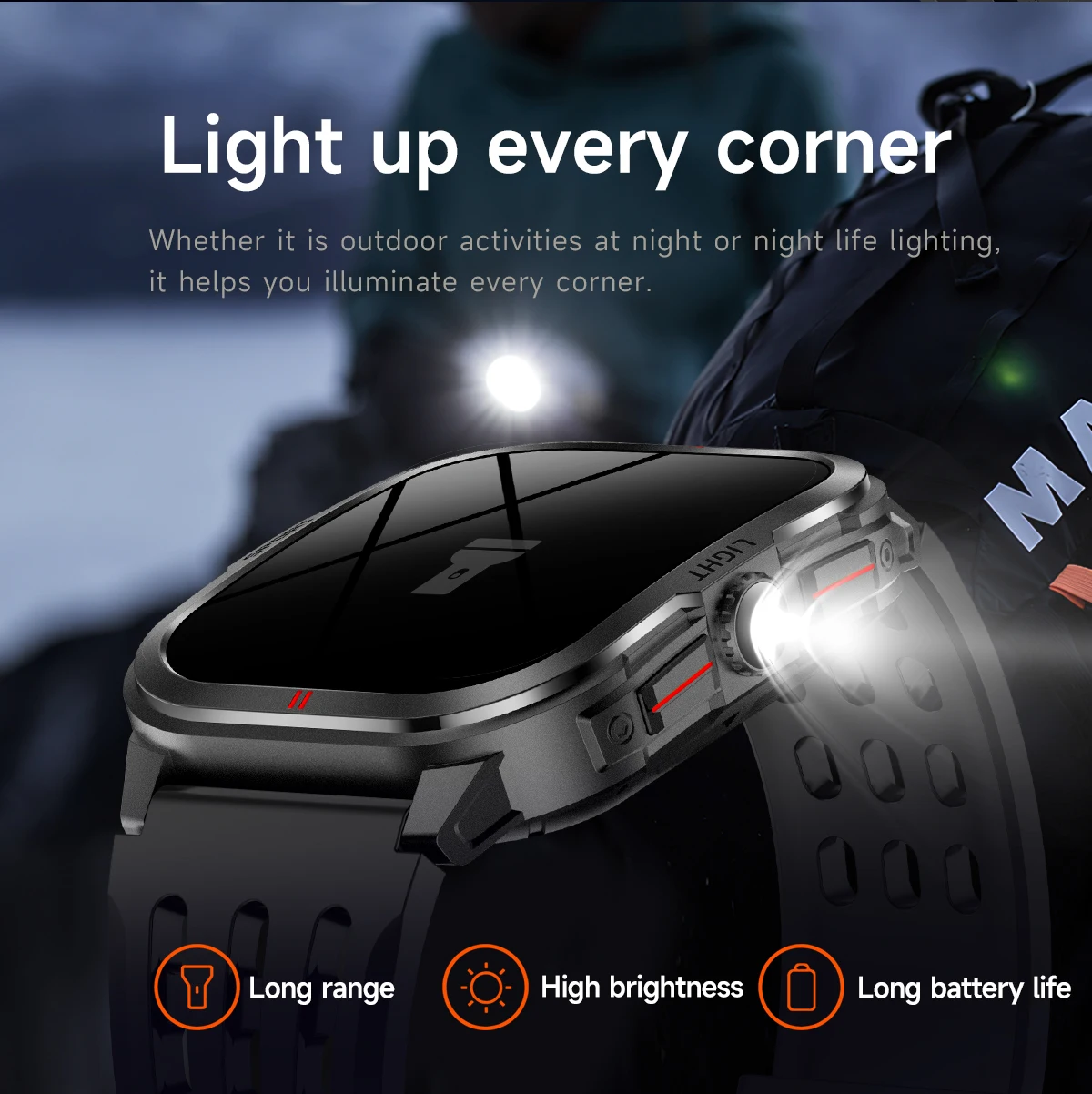  MK98 Flashlight Outdoor Smart Watch with 2.01 Inch TFT 3ATM Heart Rate BT Calling Fitness Tracker Smart Watch for Men