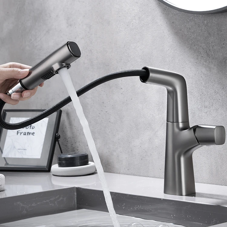 Popular Lifting Pull Out Sink Faucet Brass Gun Grey Bathroom Mixer Tap