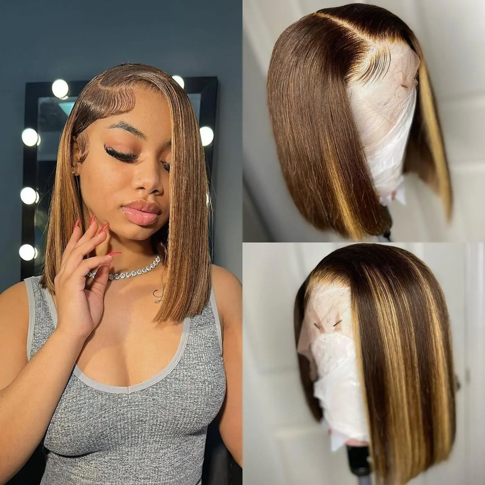 P4/27 Brasilianische glatte Bob-Perücke mit Spitzenfront, Remy-Menschenhaar, 180 % Dichte, Braunblond_voghion.com