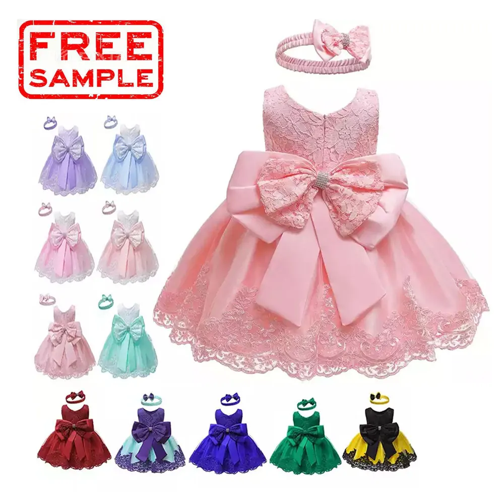 Ruffle Lace Backless With Headwear Bowknot Flower Dresses Baby Girl 