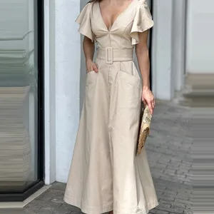 2025 New V-neck Dress Solid Color Lotus Leaf Sleeve Long Dress Temperament Commuter Waist Dress