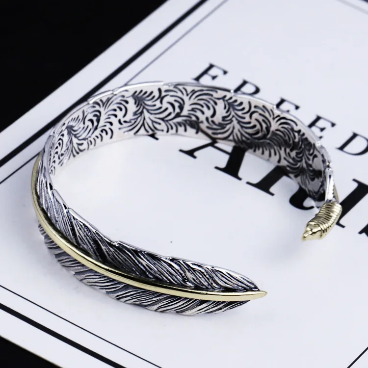 Men's Vintage Feather Bracelet Opened Bracelet Two Tones Silver Gold 925  Sterling Silver Bangle Bracelet For Men - Buy Silver Bracelet 925